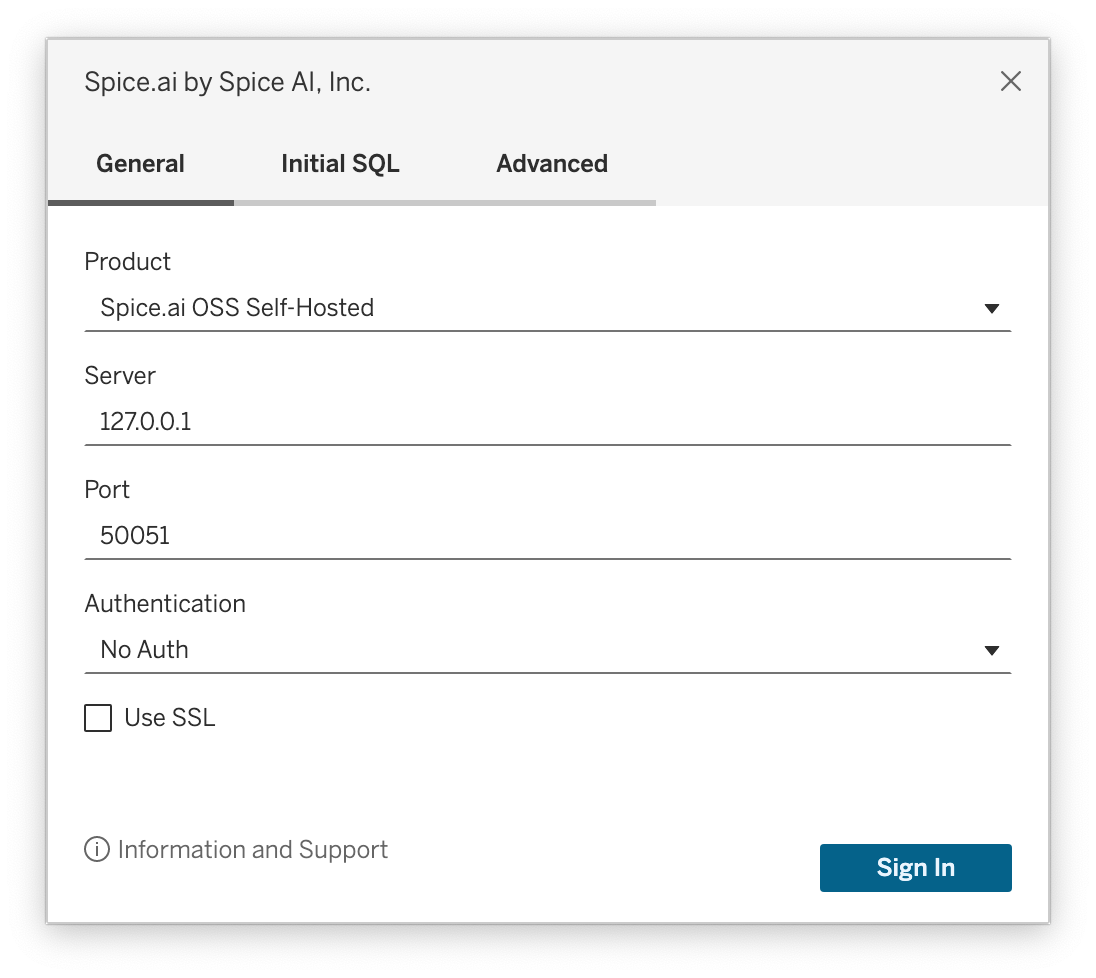 Spice Tableau Connection Dialog